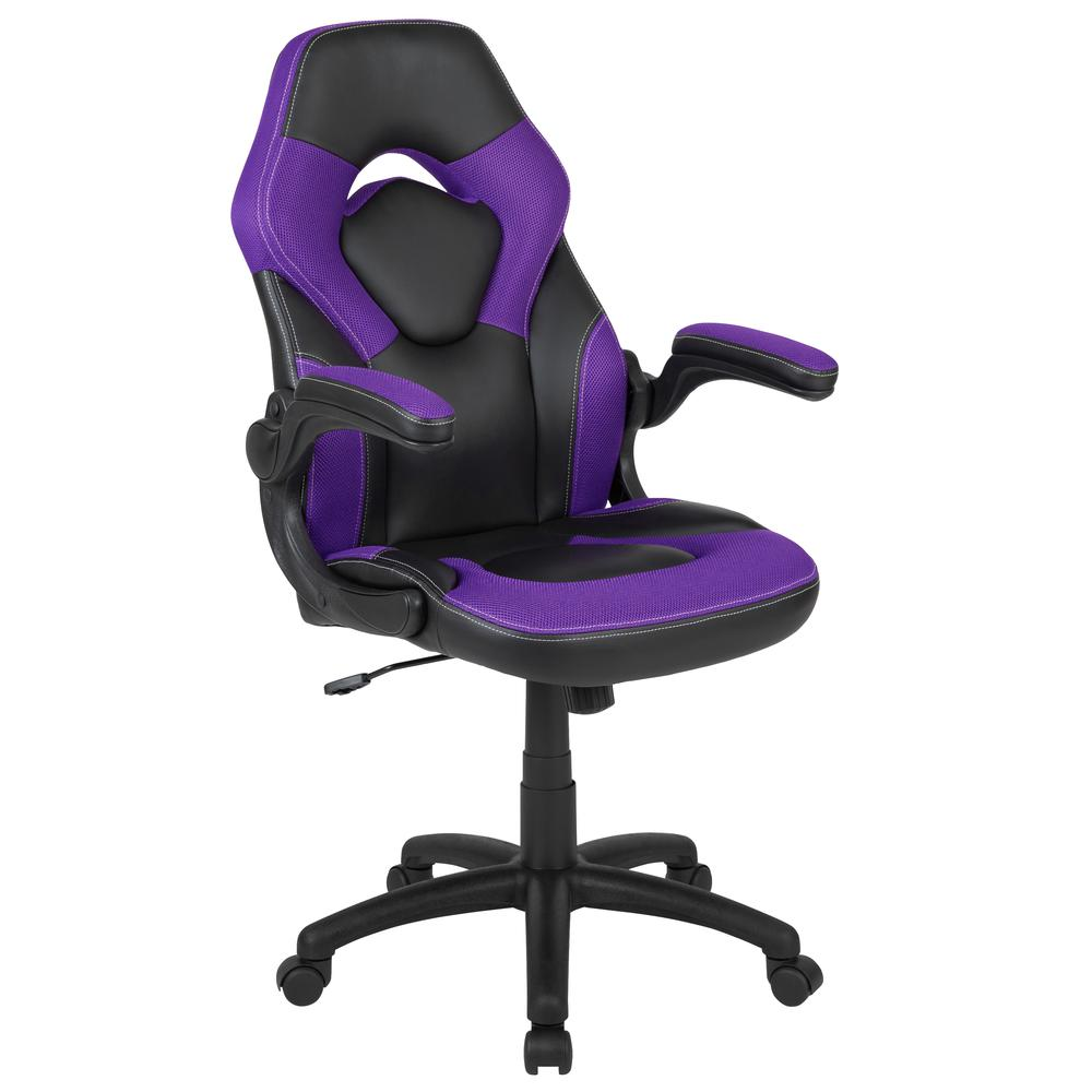 Start2Finish X10 Gaming Racing Office Chair in purple and black LeatherSoft with adjustable armrests and swivel base.