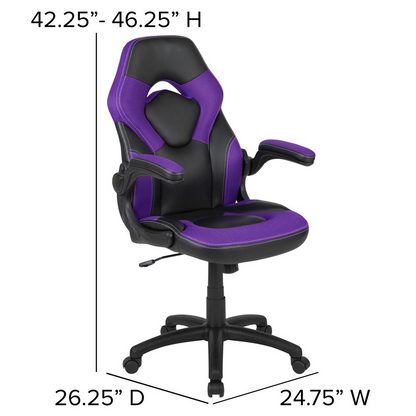 Purple and black X10 gaming chair by Start2Finish, racing style office swivel chair with leather-soft upholstery and adjustable features.
