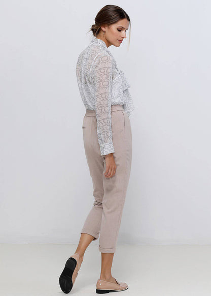 Ivory silver tie-neck sheer blouse by Lemon Hera, stylish tops and blouses with elegant, flowing fabric and a sophisticated design.