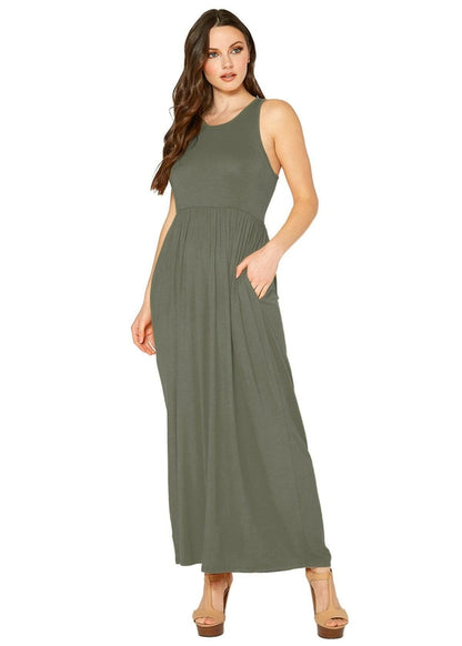 Women’s sleeveless pleated maxi dress by Lemon Hera, flowing fabric with a long, elegant silhouette perfect for summer or casual wear.
