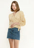 Yellow smocked sleeve stripe wrap blouse from Lemon Hera, featuring a stylish design with puffed sleeves and a fitted waist.