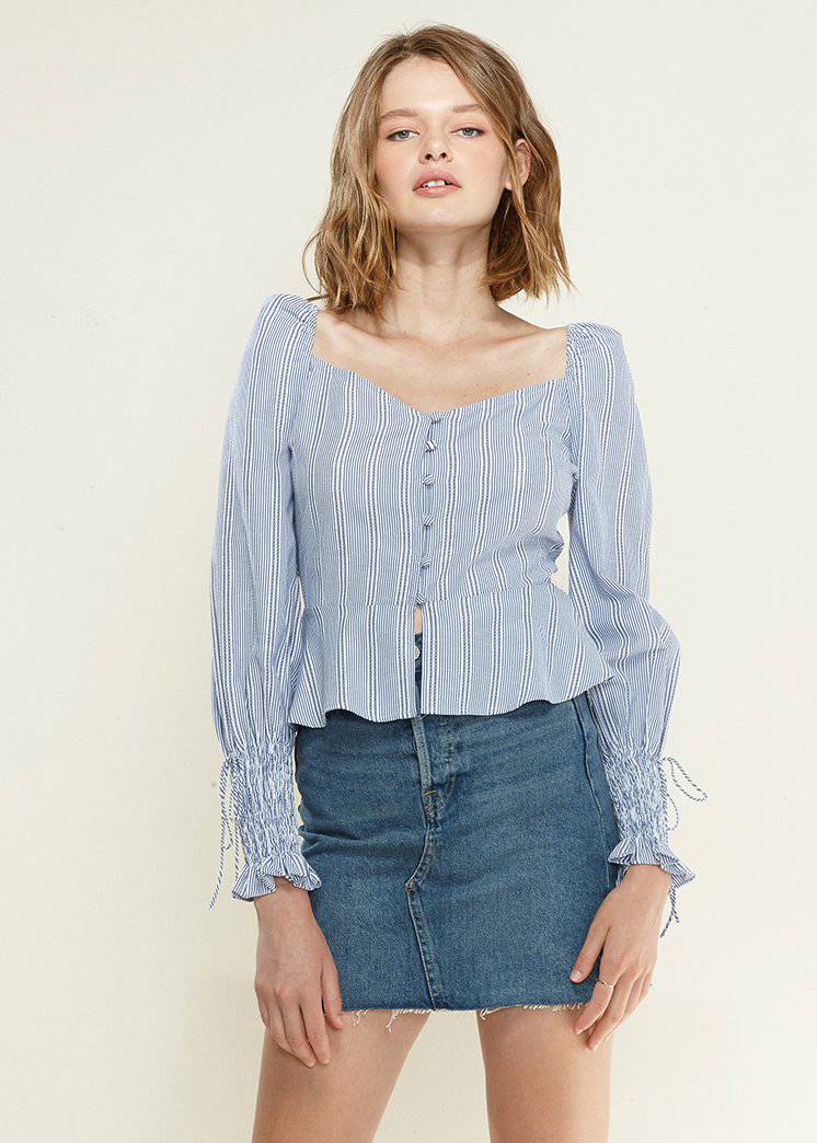 Blue Lemon Hera smocked cuff button-front peplum blouse, stylish tops with detailed smocking and feminine design.