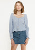 Blue Lemon Hera smocked cuff button-front peplum blouse, featuring long sleeves and a fitted waist, perfect for stylish tops and blouses.