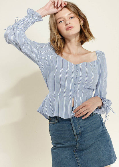 Blue Lemon Hera smocked cuff button front peplum blouse, stylish tops and blouses with feminine detailing.