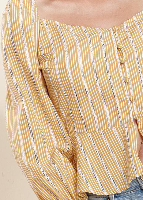 Yellow smocked cuff button-front peplum blouse by Lemon Hera, stylish tops and blouses with feminine design