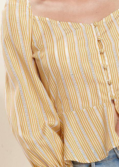 Yellow smocked cuff button-front peplum blouse by Lemon Hera, stylish tops and blouses with feminine design