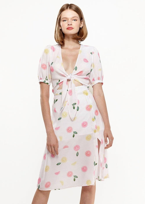 Lemon Hera fruit punch tie hem open front blouse with long sleeves and relaxed fit, casual tops and blouses for women.