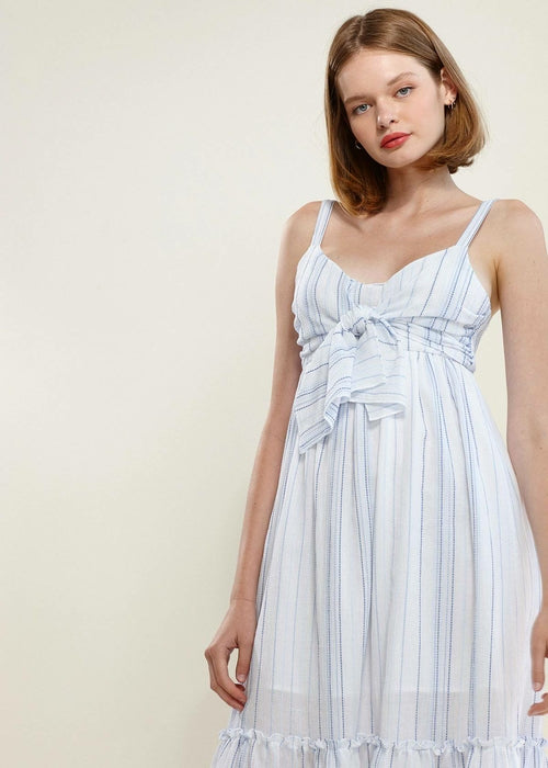 Women’s Lemon Hera tie-front hem midi dress with ocean stripe pattern, showcasing a stylish dress design.