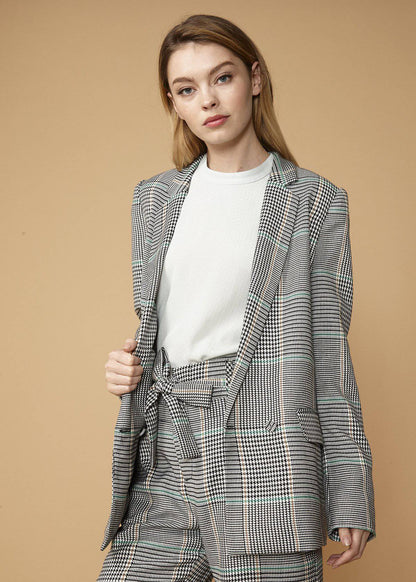 Women’s Glen plaid blazer in fall colors by Lemon Hera, stylish tailored jacket with classic pattern and lapel collar.