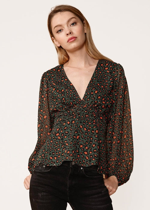 Lemon Hera leopard print V-neck puff sleeve blouse, stylish tops and blouses with feminine design and bold pattern.
