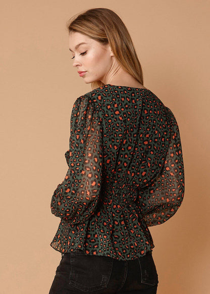 Leopard print V-neck puff sleeve blouse by Lemon Hera, stylish tops and blouses for a fashionable look.