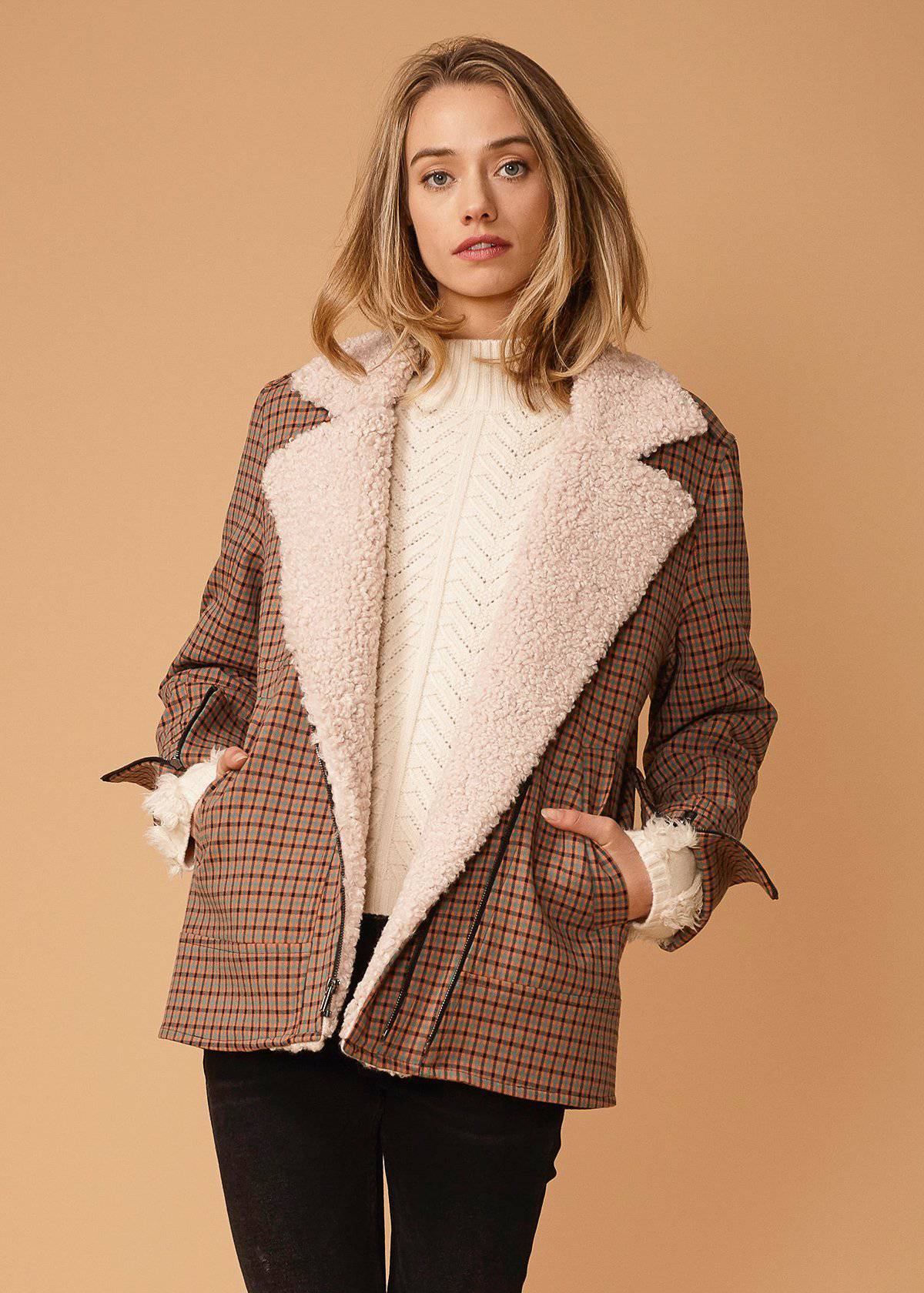 Lemon Hera asymmetrical zip front coat in peach gingham fabric, stylish jackets and coats for a trendy look.