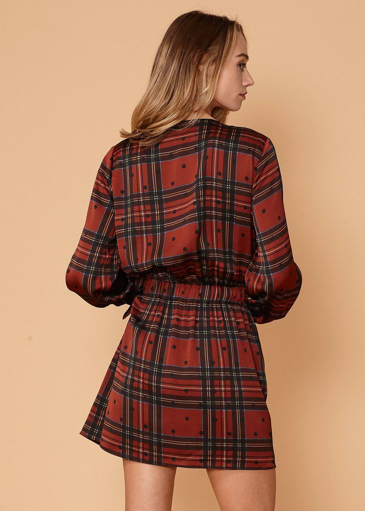 Lemon Hera plaid-polkadot mini wrap dress in brick color, featuring a stylish design and wrap silhouette for a trendy look.
