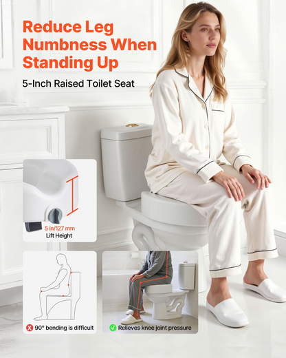 Start2Finish VEVOR raised toilet seat with 5-inch lift, enlarged opening, supports 350 lbs, fits elongated and round bowls for seniors.