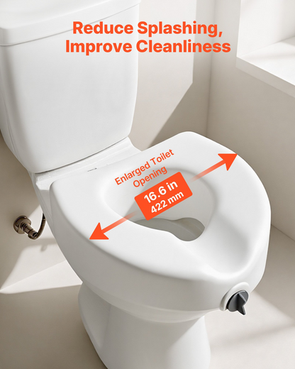 Start2Finish VEVOR raised toilet seat with 5-inch lift, large opening, supports 350 lbs, fits elongated and round bowls for seniors