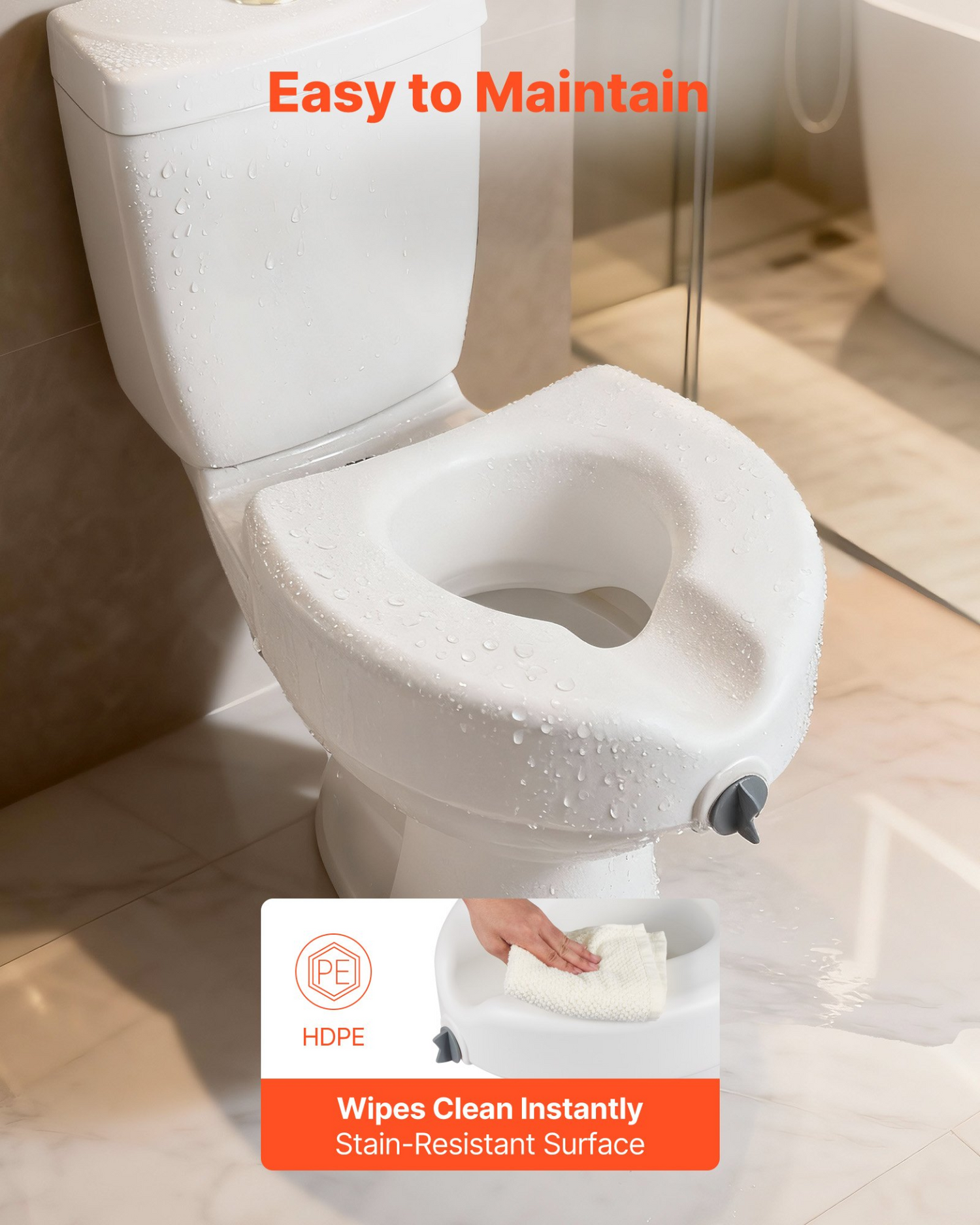 Start2Finish VEVOR raised toilet seat with 5-inch lift, enlarged opening, fits elongated and round bowls, supports 350 lbs capacity.
