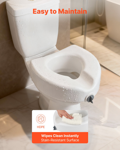 Start2Finish VEVOR raised toilet seat with 5-inch lift, enlarged opening, fits elongated and round bowls, supports 350 lbs capacity.