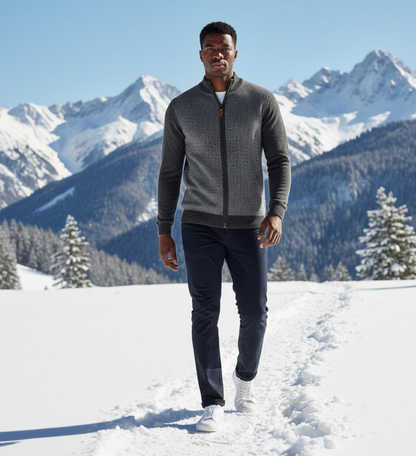 Black and grey cashmere zipper sweater with diagonal stitch pattern, from Start2Finish, showcasing a cozy, stylish apparel piece.