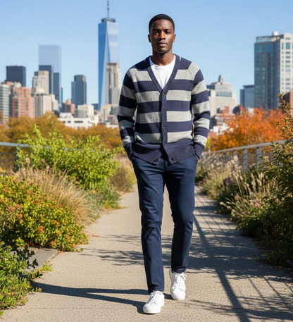 Start2Finish striped pique cashmere cardigan in Cortina blue and grey, featuring a cozy knit with a button-up front.