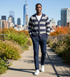 Start2Finish striped pique cashmere cardigan in Cortina blue and grey, featuring a cozy knit with a button-up front.