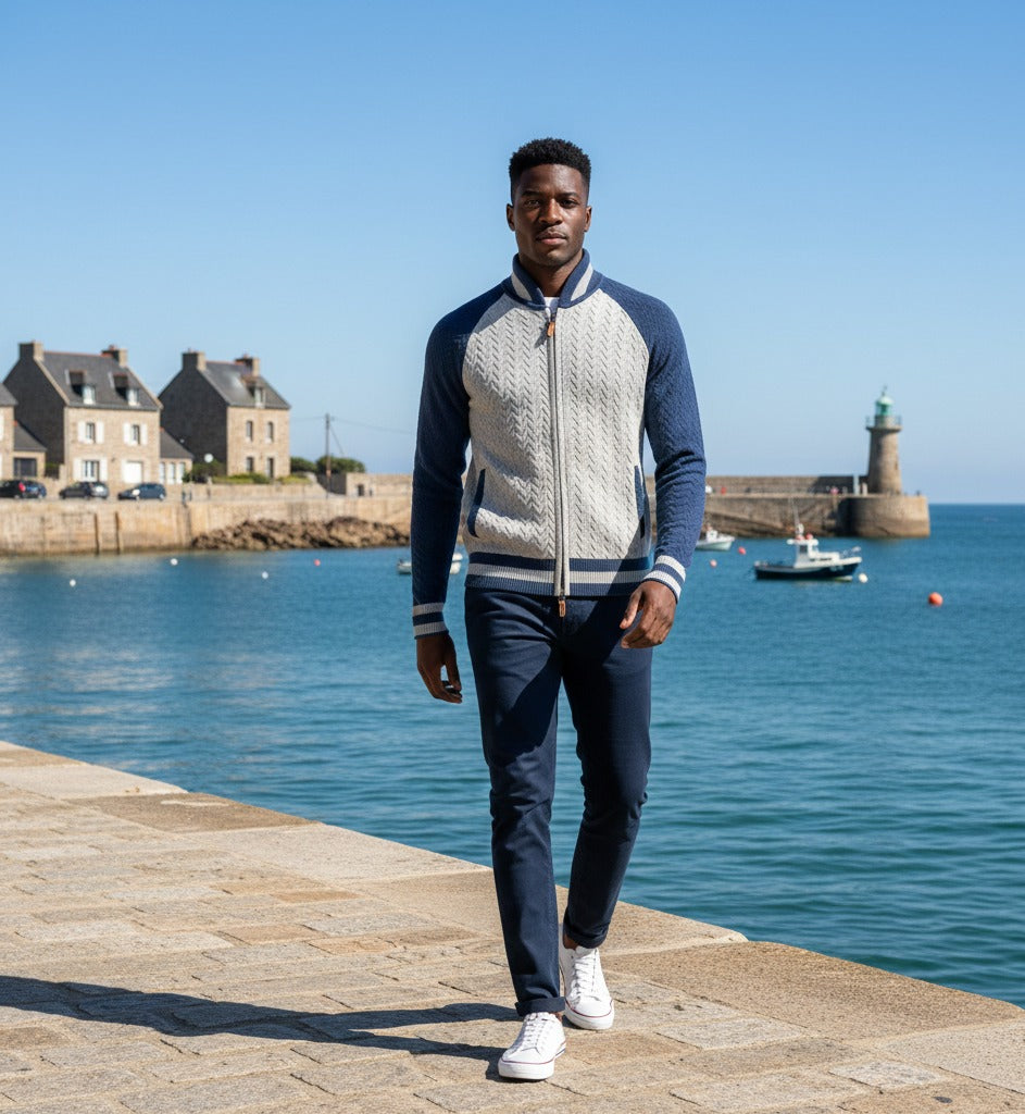 Grey blue cashmere bomber jacket in herringbone stitch from Start2Finish, featuring a stylish, cozy apparel design.