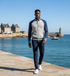 Grey blue cashmere bomber jacket in herringbone stitch from Start2Finish, featuring a stylish, cozy apparel design.