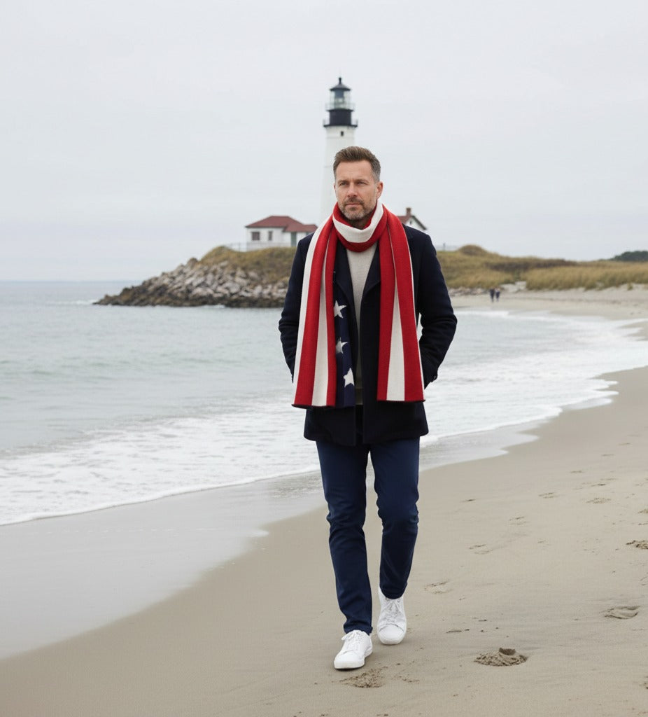 American flag knitted cashmere scarf from Start2Finish, featuring soft, cozy fabric with patriotic red, white, and blue flag design.