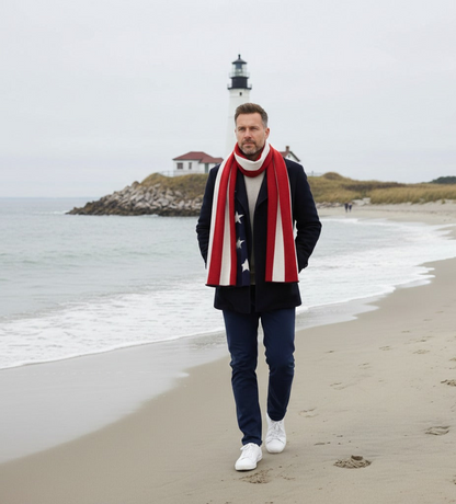 American flag knitted cashmere scarf from Start2Finish, featuring soft, cozy fabric with patriotic red, white, and blue flag design.