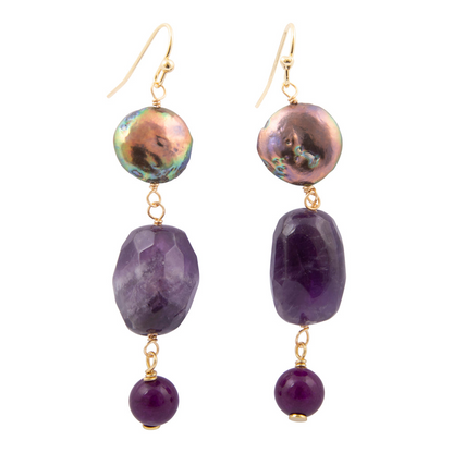 Purple amethyst golden drop earrings with teardrop-shaped gemstones and gold hooks, elegant jewelry by Start2Finish