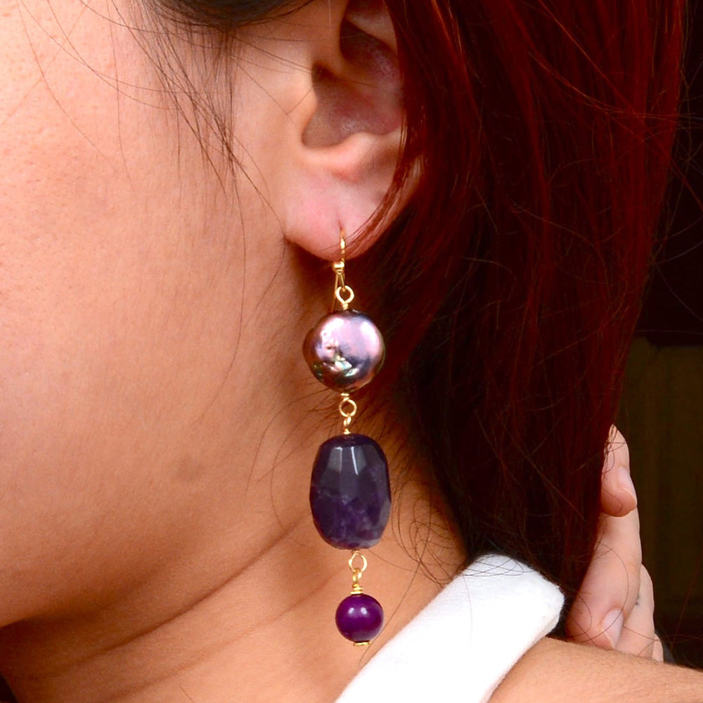 Purple amethyst golden drop earrings from Start2Finish featuring dangling gemstone jewelry with gold hooks.