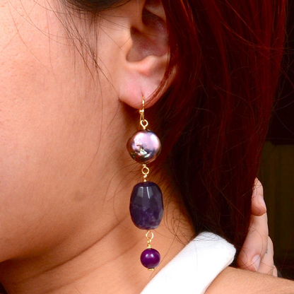 Purple amethyst golden drop earrings from Start2Finish featuring dangling gemstone jewelry with gold hooks.