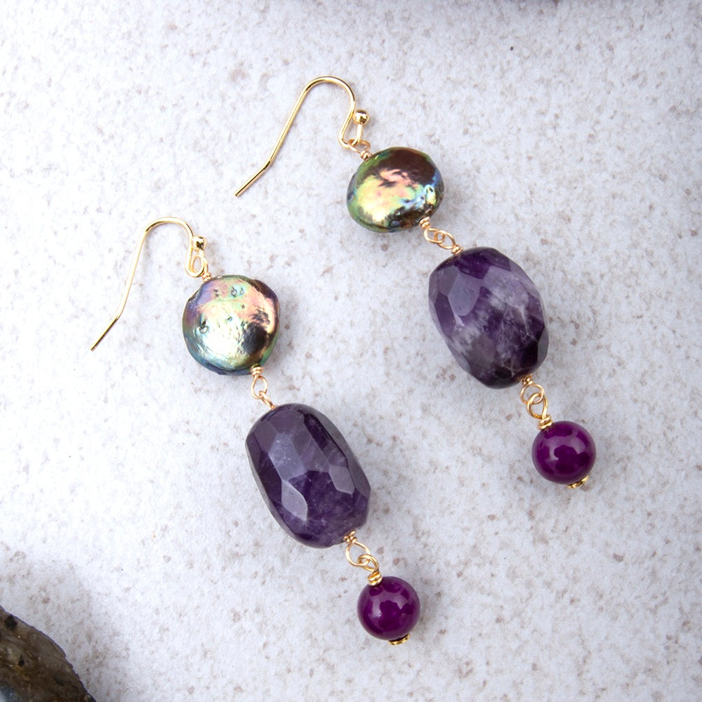 Start2Finish purple amethyst golden drop earrings featuring teardrop-shaped amethyst gemstones and gold-plated hooks.
