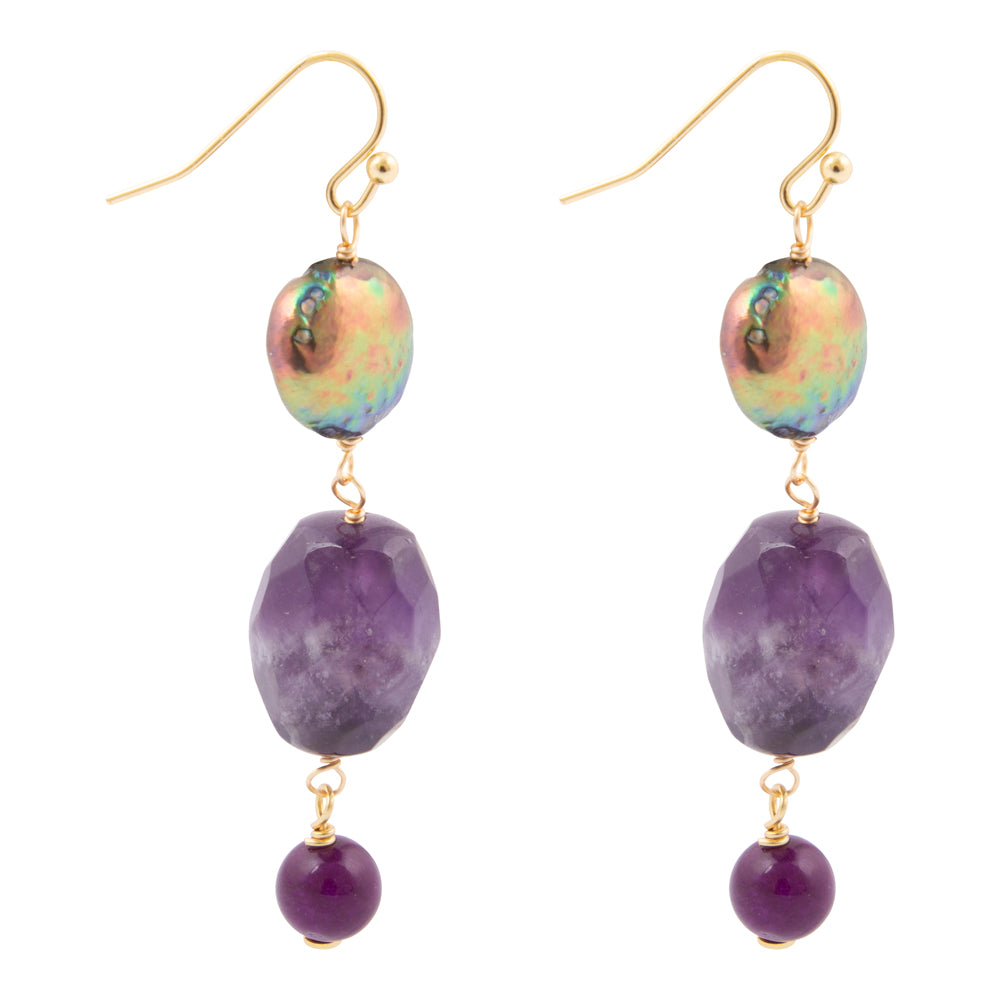 Purple amethyst golden drop earrings with intricate jewelry design, featuring teardrop-shaped amethysts and gold accents.