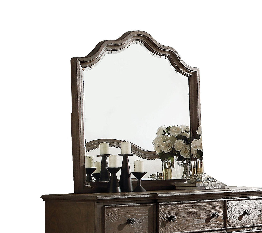 Distressed grey finish beveled wall mirror by Jade, rectangular furniture mirror with a rustic, textured frame for stylish decor.