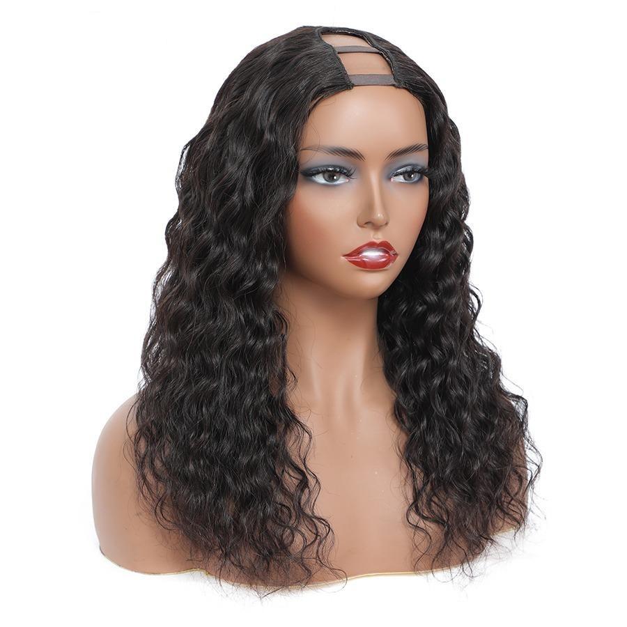 Cerise Alfie water wave human hair U part wig for black women, Brazilian Remy hair, natural water wave texture, styled on a mannequin.