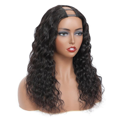 Cerise Alfie water wave human hair U part wig for black women, Brazilian Remy hair, natural water wave texture, styled on a mannequin.