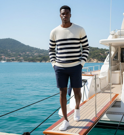 Start2Finish silk cashmere striped cable crew neck Breton sweater, featuring classic pattern and comfortable fit.