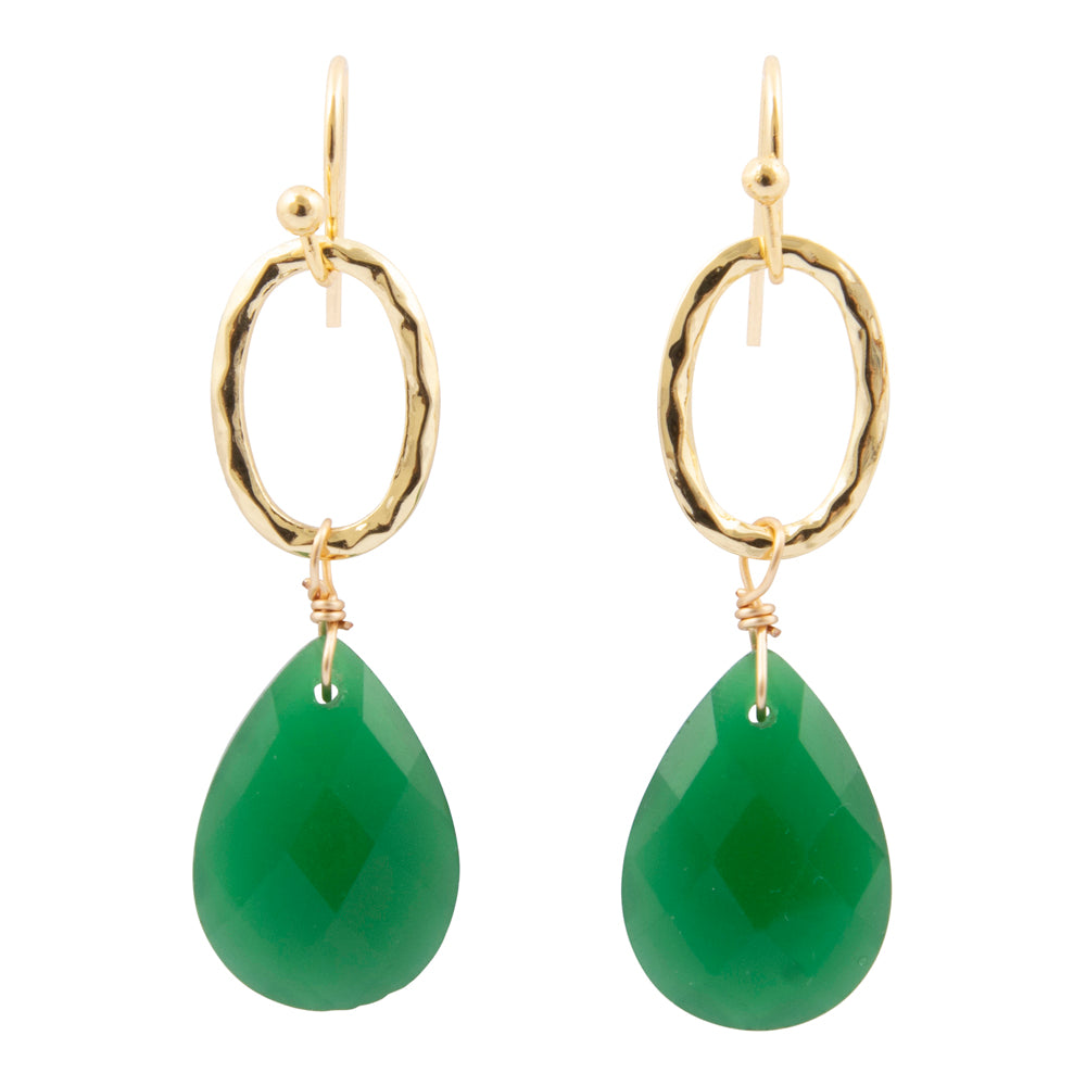 Vibrant green onyx golden drop earrings with intricate jewelry design, featuring shiny gold hooks and polished green onyx stones.