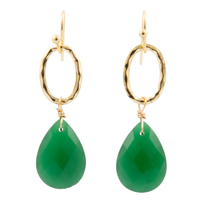Vibrant green onyx golden drop earrings with intricate jewelry design, featuring shiny gold hooks and polished green onyx stones.