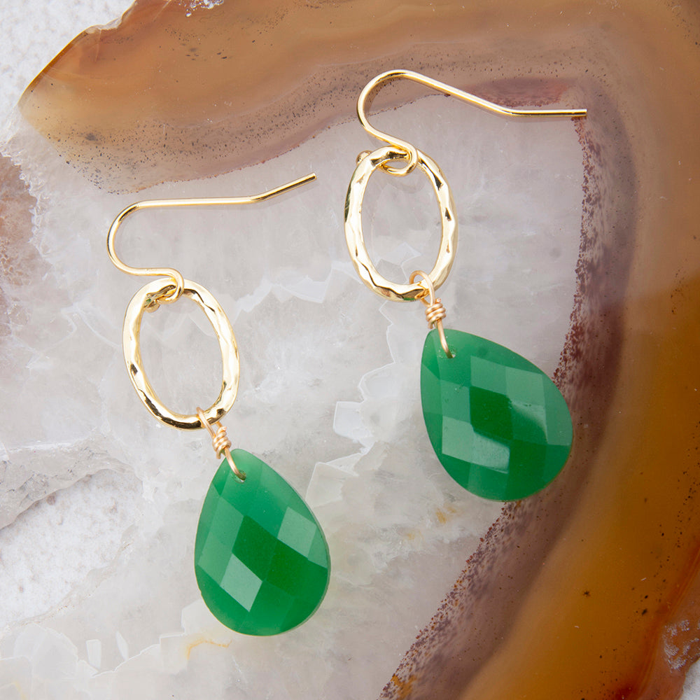 Vibrant green onyx and gold drop earrings from Start2Finish jewelry, featuring elegant hanging design and shiny finish.