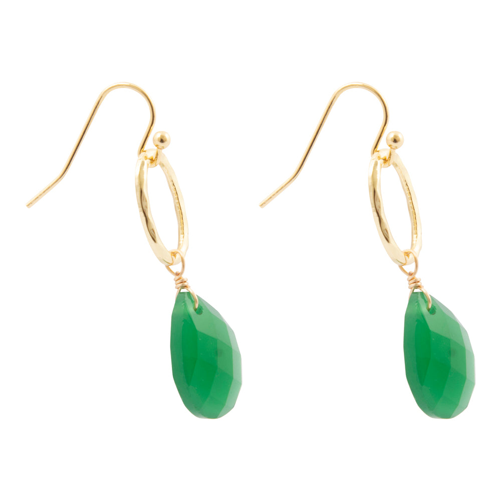 Vibrant green onyx and gold drop earrings featuring elegant jewelry design with dangling green onyx stones and gold accents.
