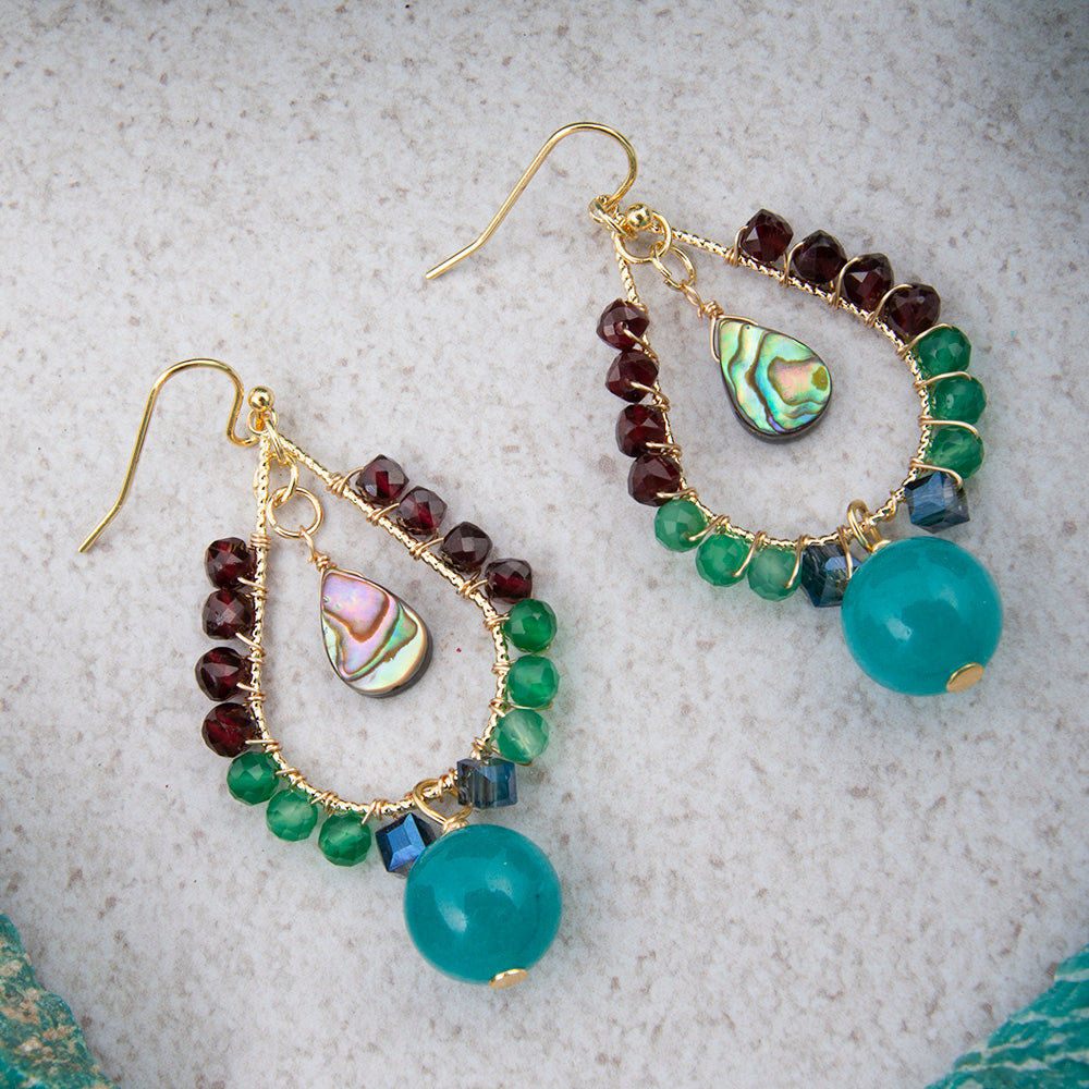 Jeweled blue jade and gold drop earrings with intricate detailing, crafted by Start2Finish in elegant jewelry style.
