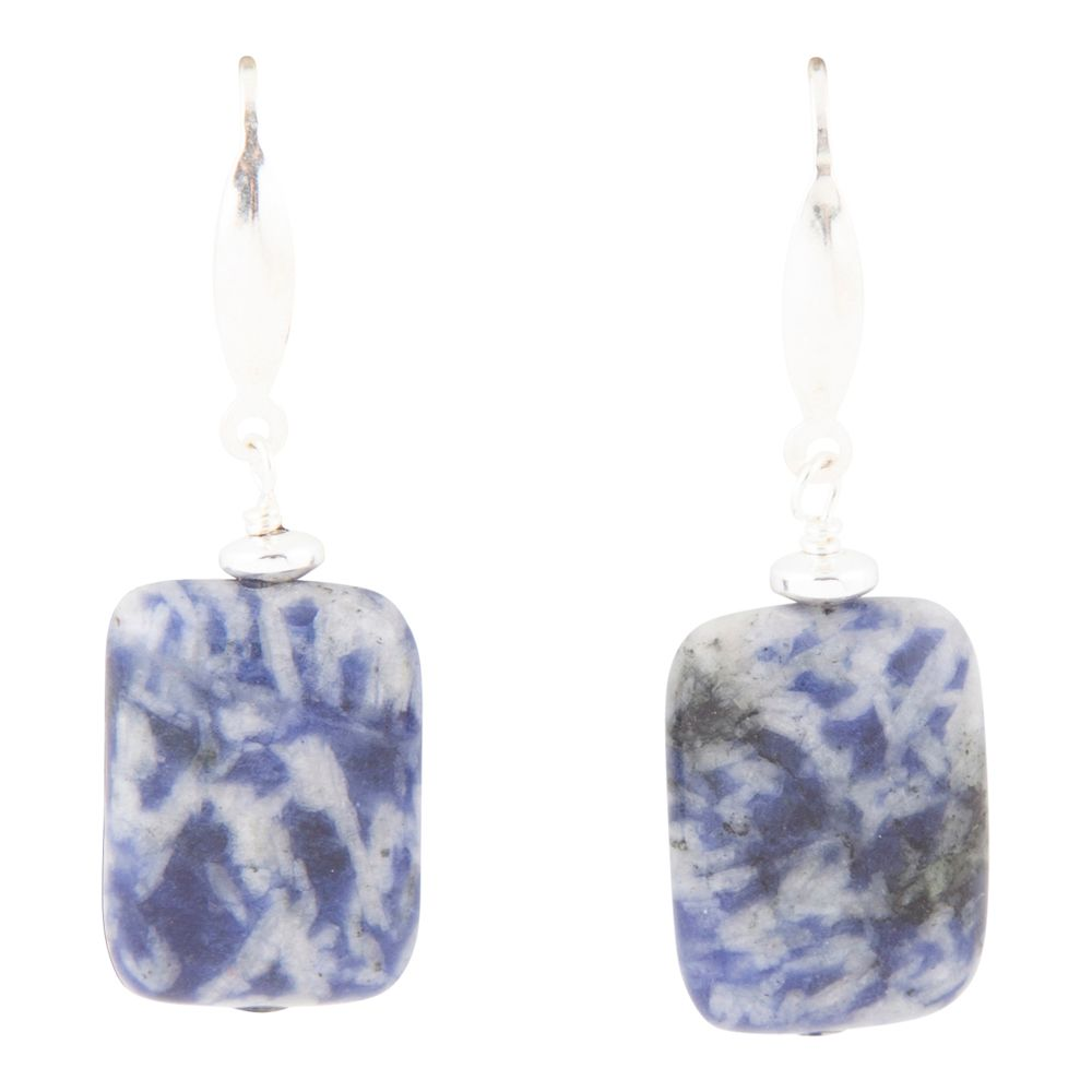 Denim blue quartz silver drop earrings with sleek jewelry design, featuring silver hooks and vibrant blue gemstone accents.