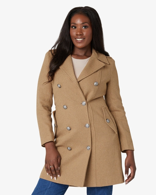 Rose Eleusis double-breasted twill military coat in cream, stylish jacket with classic design and button details.