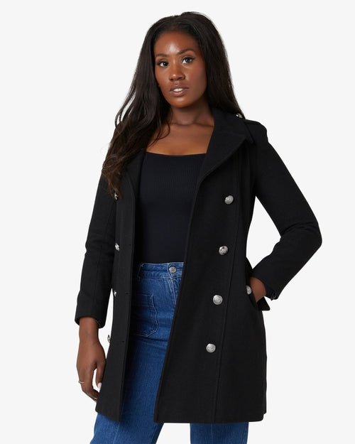 Rose Eleusis double-breasted twill military coat in cream color, stylish jacket with classic design and button details.
