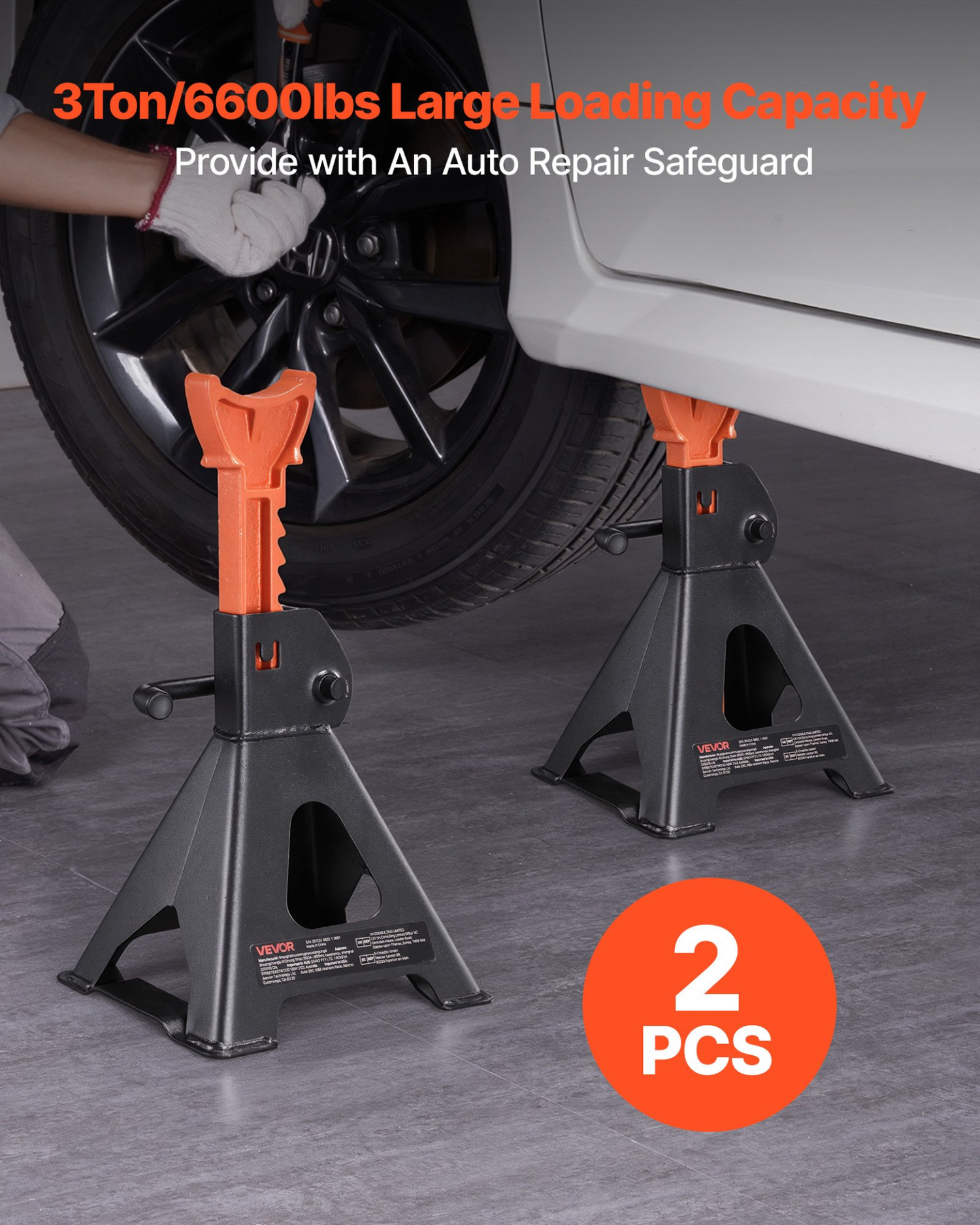 Start2Finish VEVOR 3 Ton automotive jack stands with adjustable height, heavy-duty steel, locking mechanism, suitable for SUVs and cars.