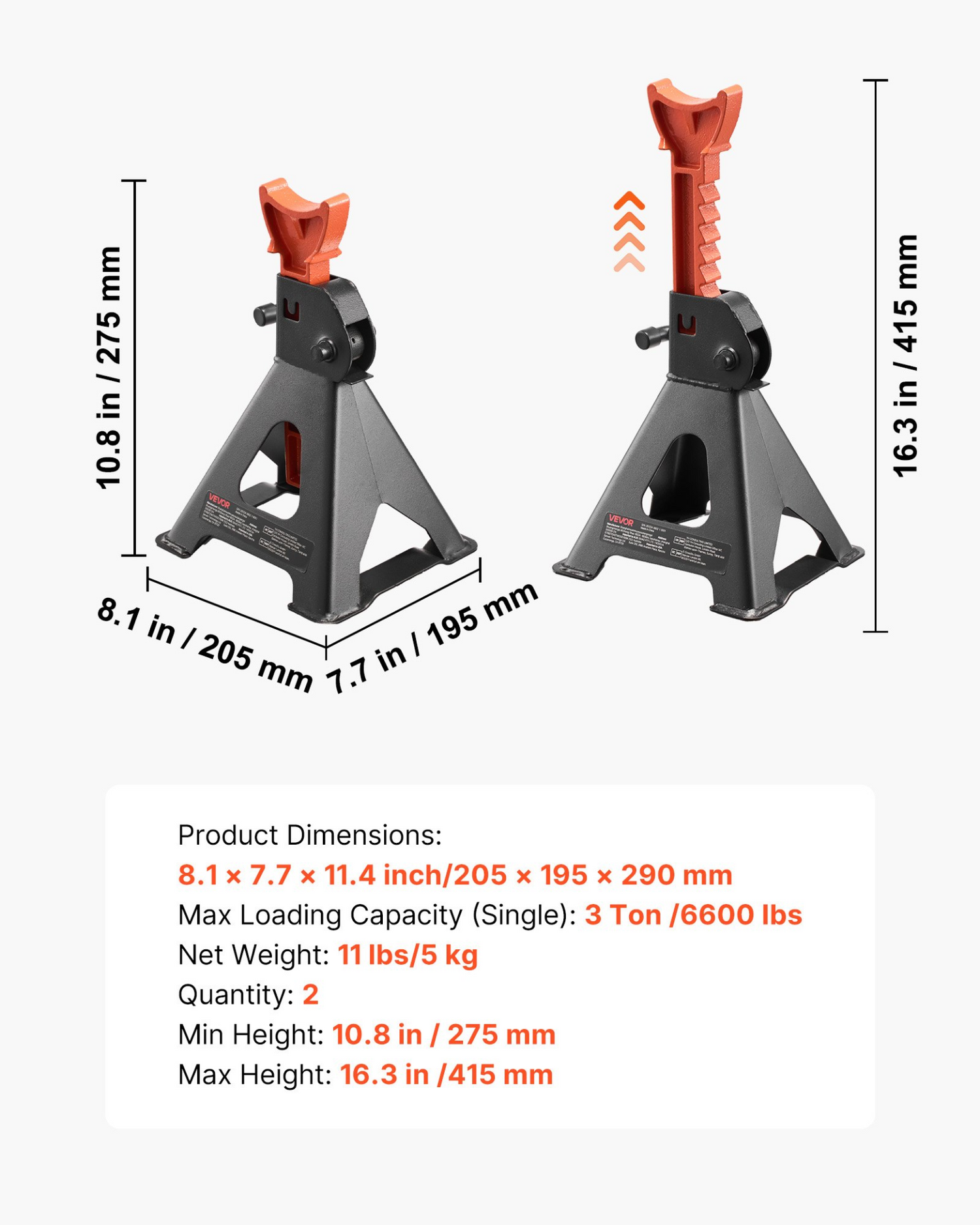 Start2Finish VEVOR 3 Ton automotive jack stands with black and orange heavy-duty steel, adjustable height for SUVs, trucks, and UTVs.