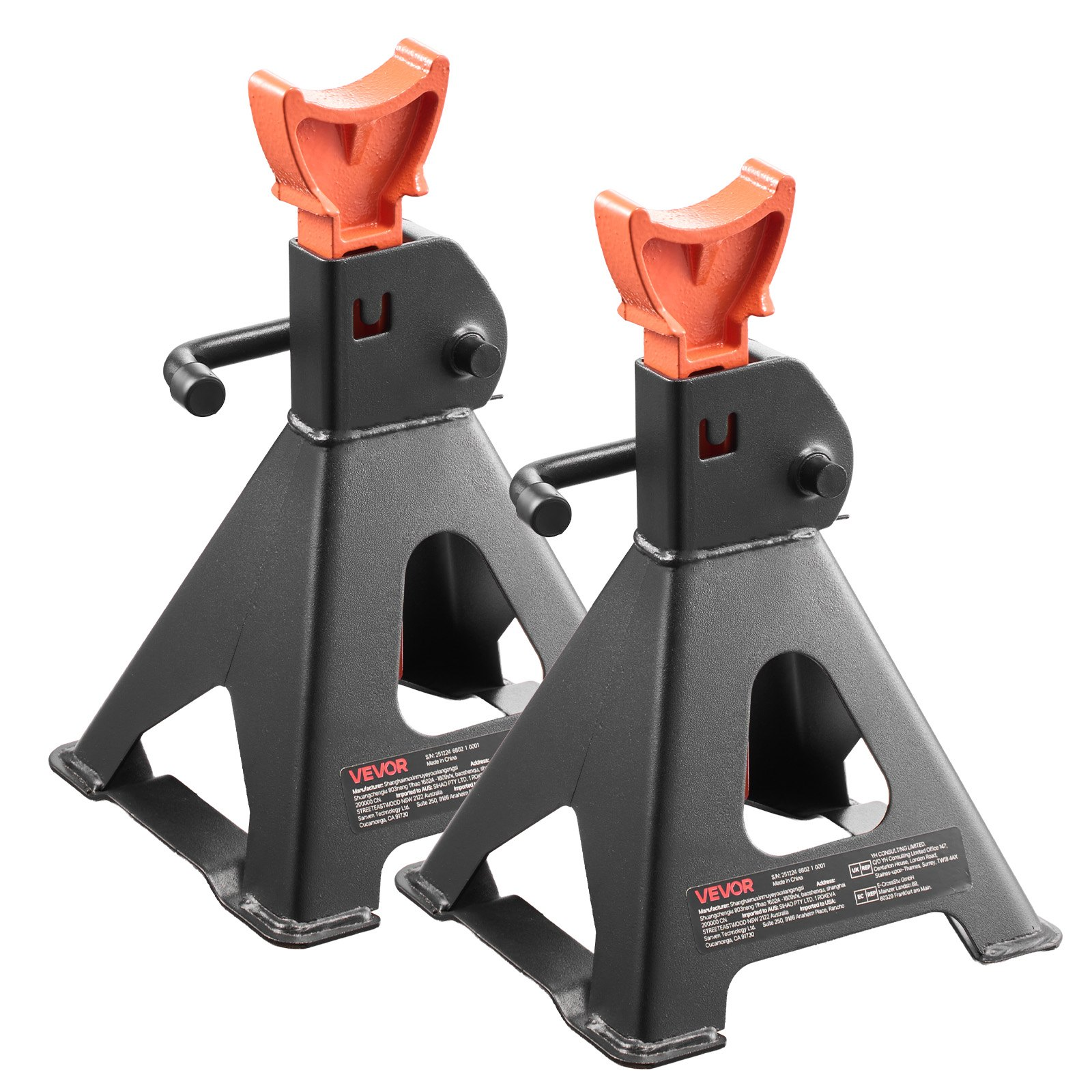 Start2Finish VEVOR 3 Ton automotive jack stands with adjustable height, heavy-duty steel, locking mechanism, for SUVs, pickups, and cars.
