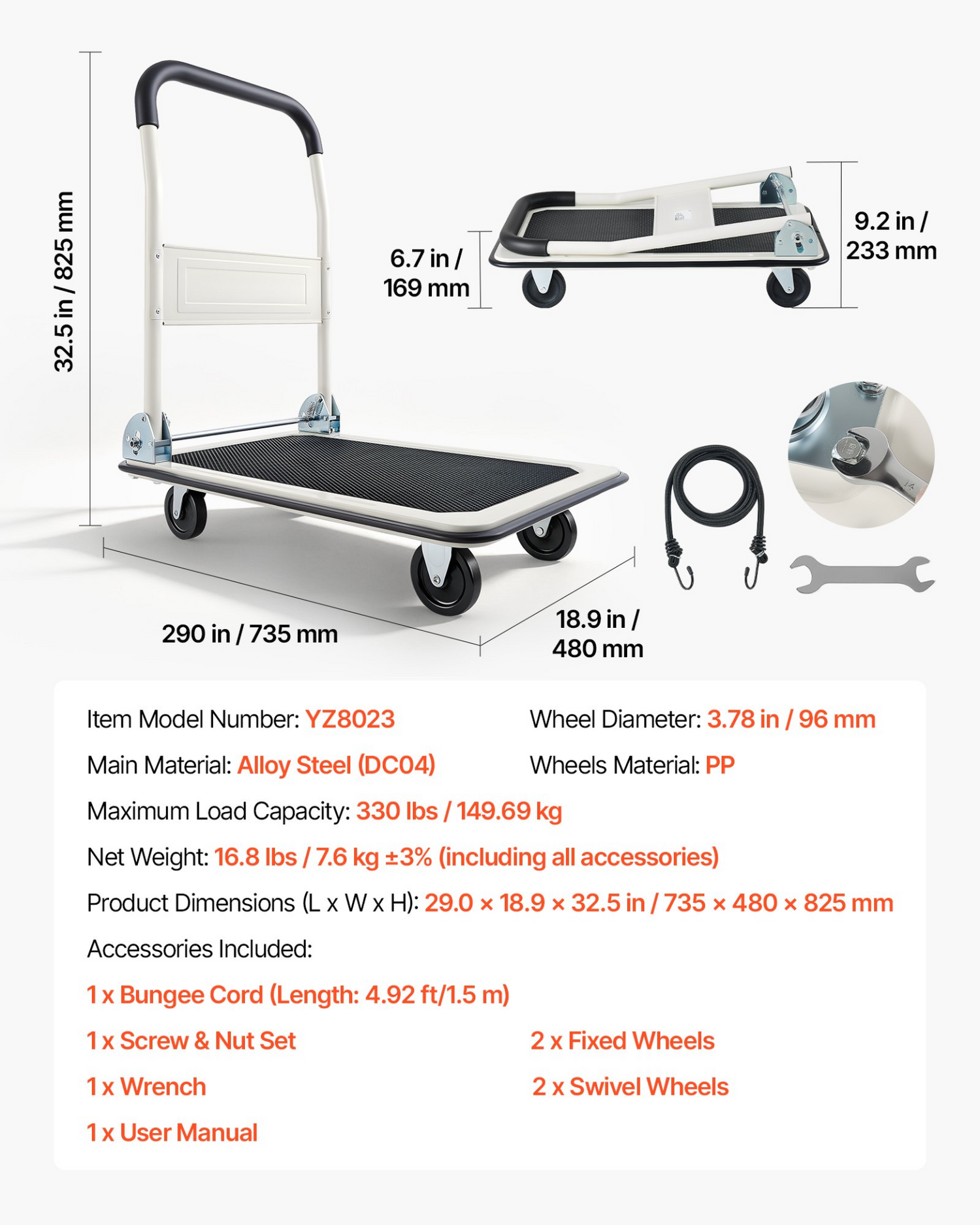 Start2Finish VEVOR foldable push cart dolly with swivel wheels, 330 lbs capacity, compact flatbed platform for easy transport