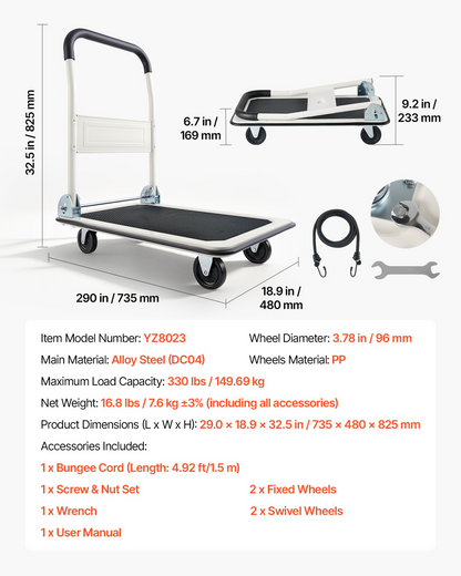 Start2Finish VEVOR foldable push cart dolly with swivel wheels, 330 lbs capacity, compact flatbed platform for easy transport